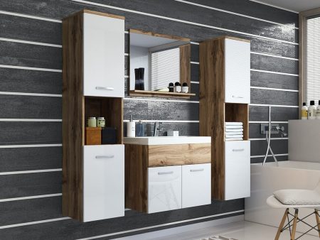 Fürdőszoba garnitúra Sarasota 123 (Wotan tölgy + Fényes fehér) Szeged Bútor boltok bútor webáruházak